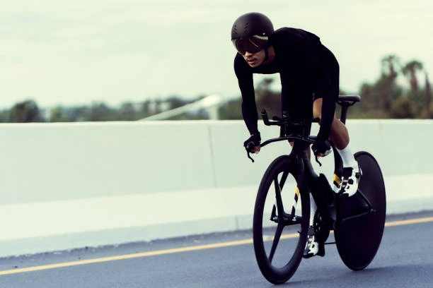 Time trial bike fitted with tri-spoke front wheel and disc rear wheel Time trial bike fitted with tri-spoke front wheel and disc rear wheel